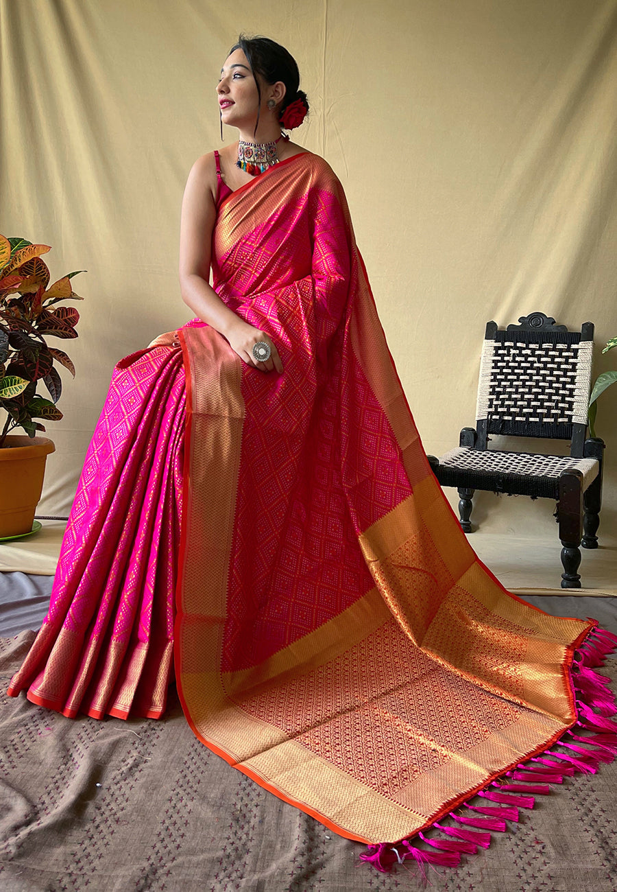 Pink Beautiful Bandhej Patola Meenakari Zari Woven Saree