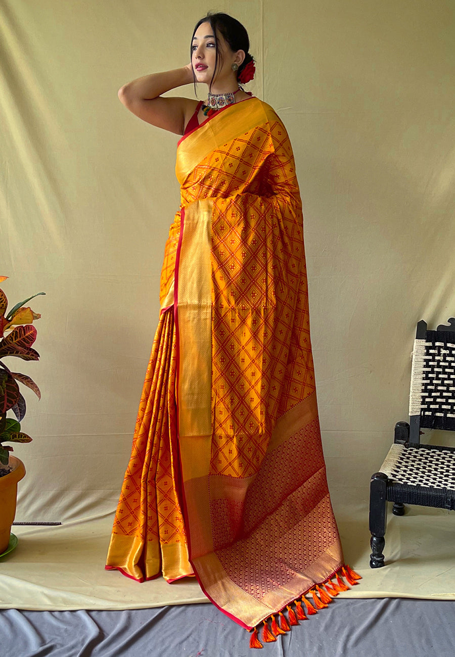 Mustard Yellow Beautiful Bandhej Patola Meenakari Zari Woven Saree