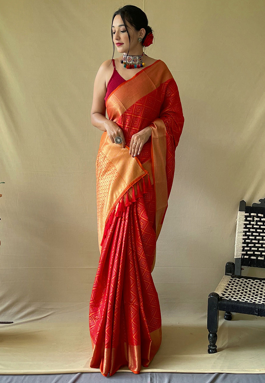 Red Beautiful Bandhej Patola Meenakari Zari Woven Saree