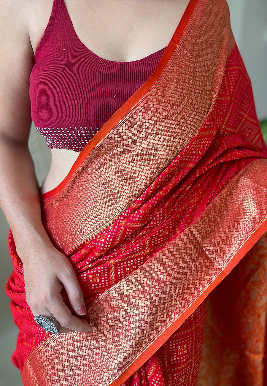 Red Beautiful Bandhej Patola Meenakari Zari Woven Saree