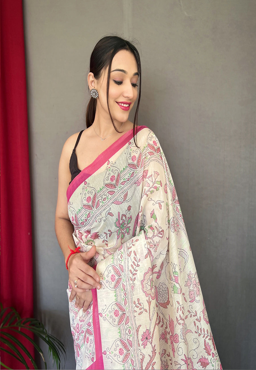 Pink Cotton Katha Printed Saree