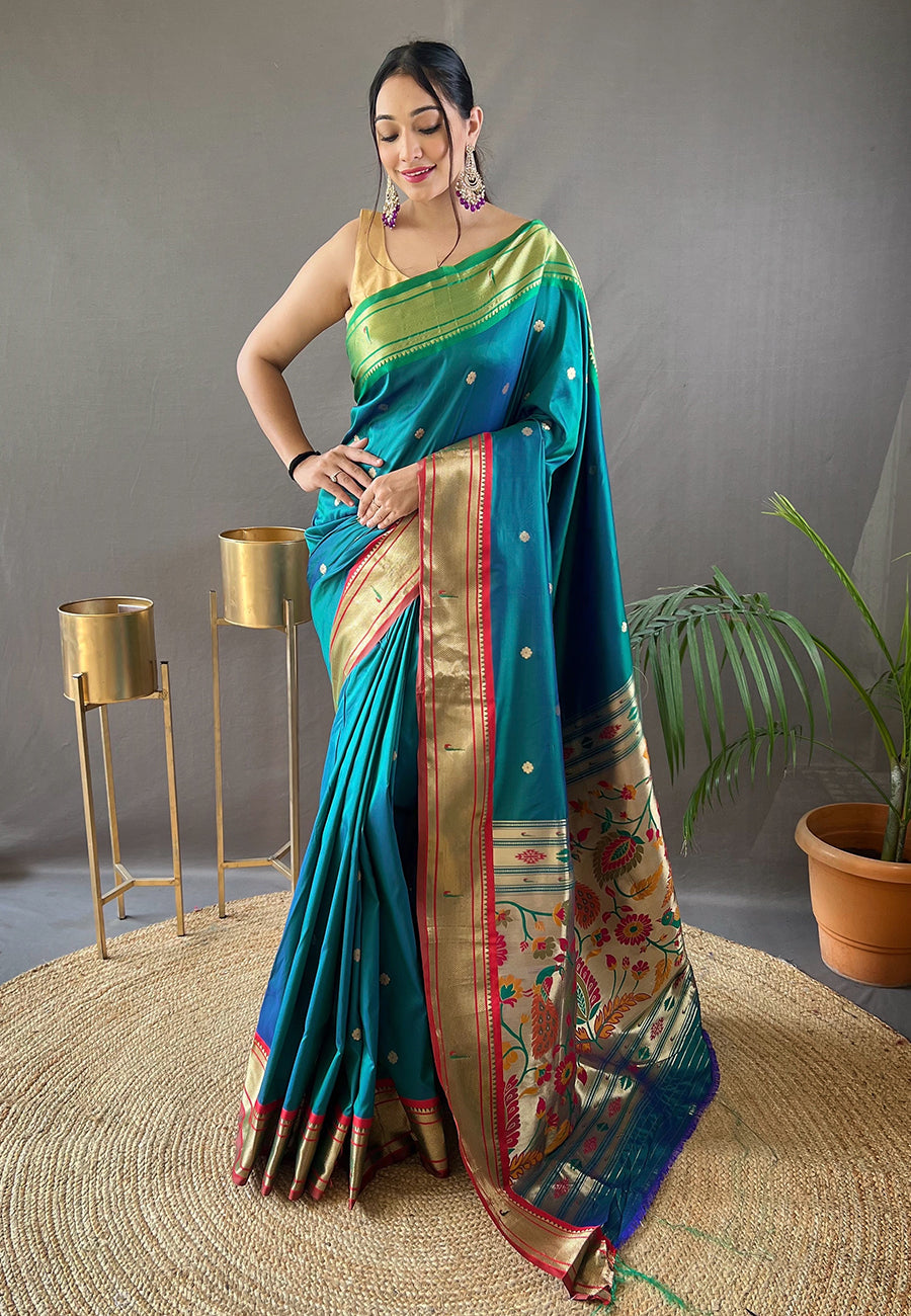 Teal Blue Kamal Paithani Silk Woven Saree