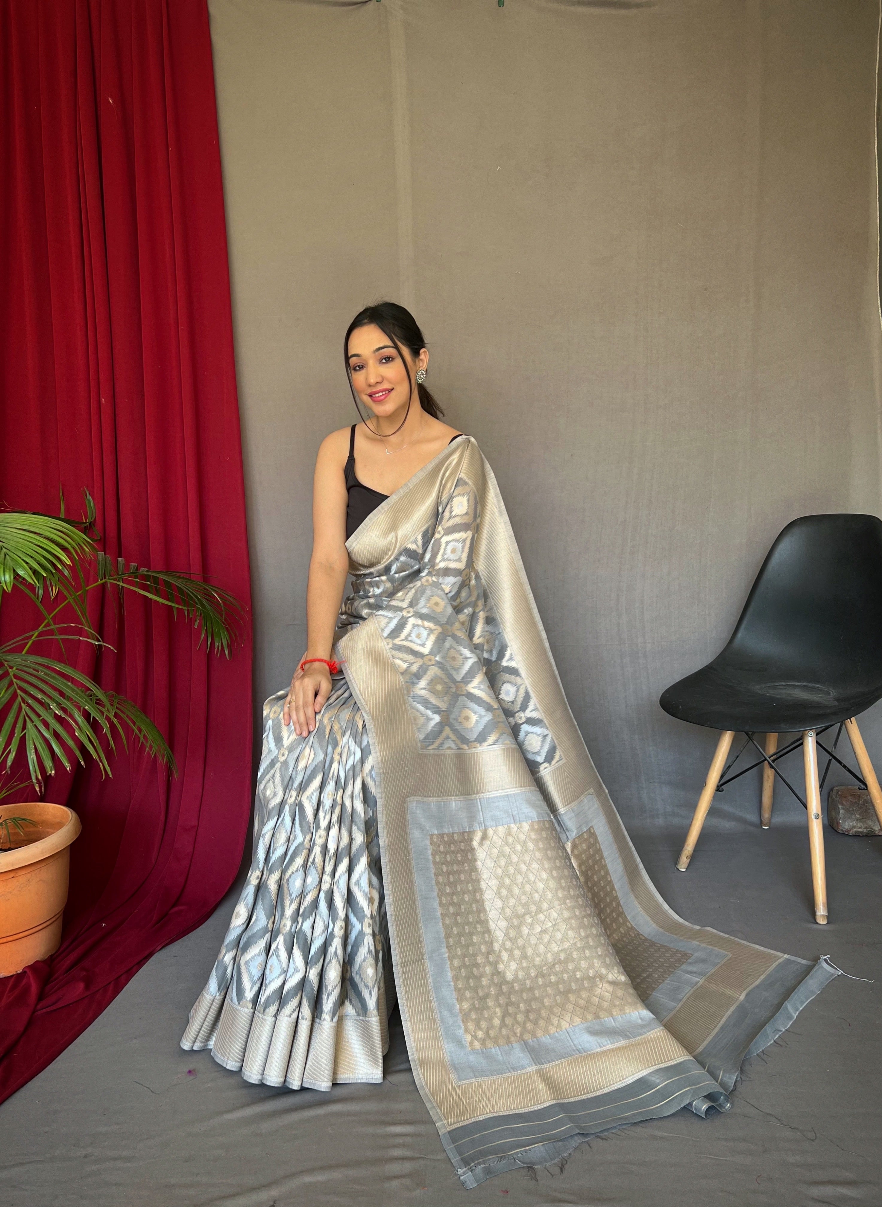 Muskaan Linen Ikat Woven Saree Dusty Grey