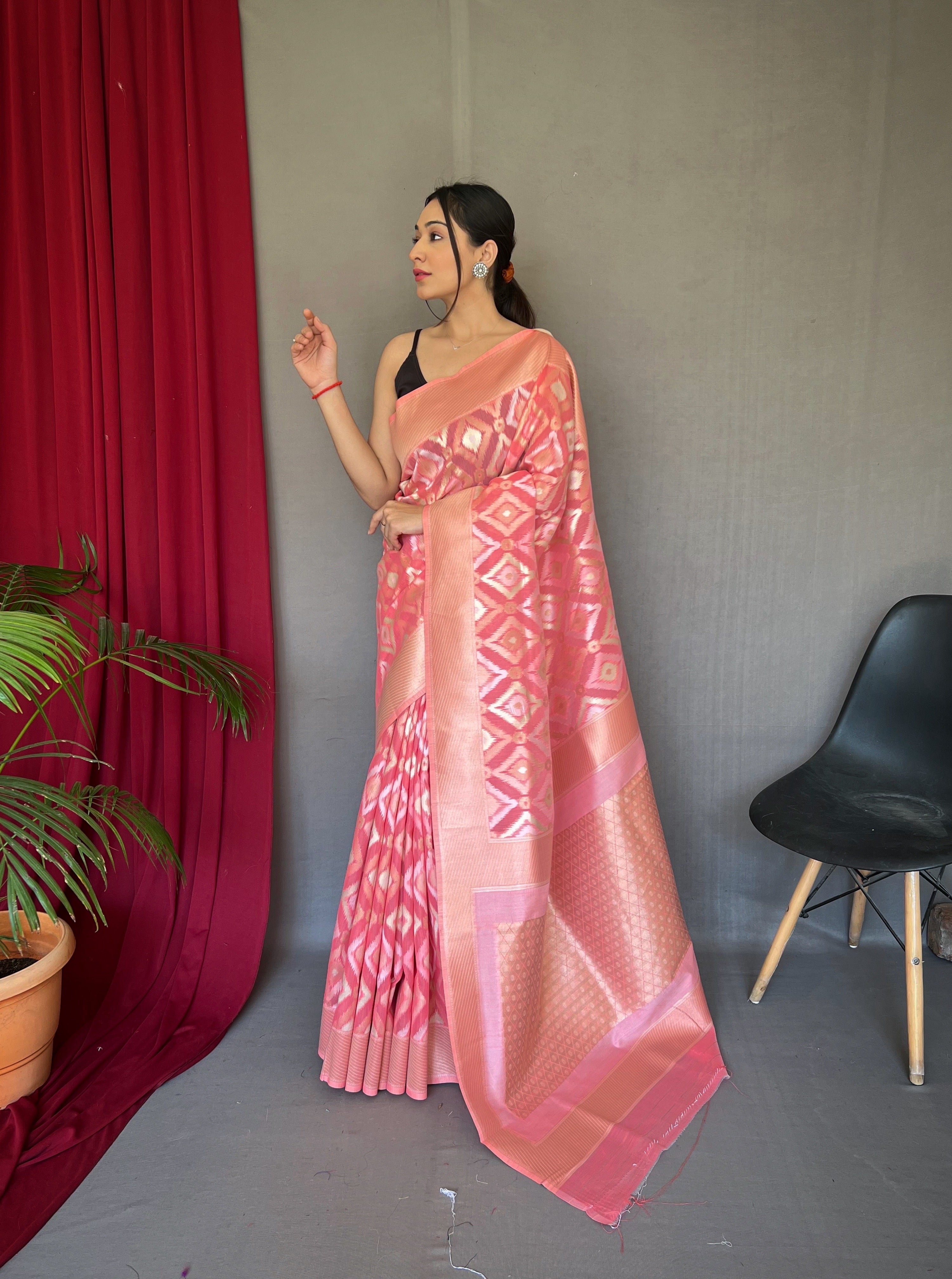 Muskaan Linen Ikat Woven Saree Dark Pink