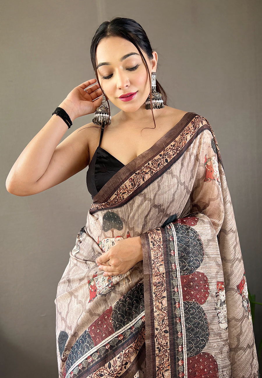 Gray Kalapini Cotton Kalamkari Printed Saree