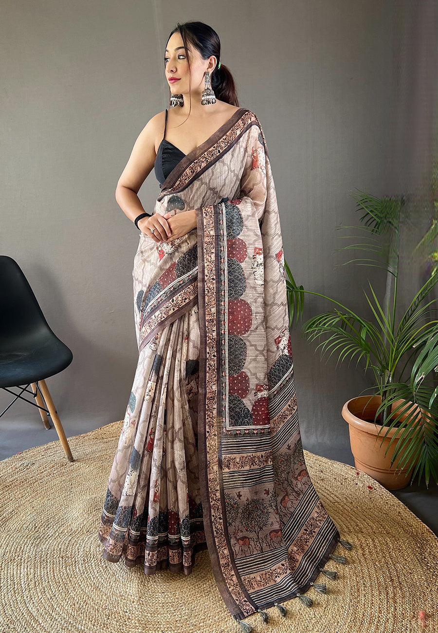 Gray Kalapini Cotton Kalamkari Printed Saree