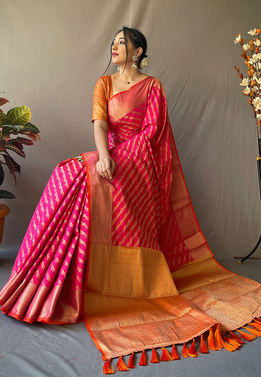 Pink Patola Leheriya Zari Woven Saree