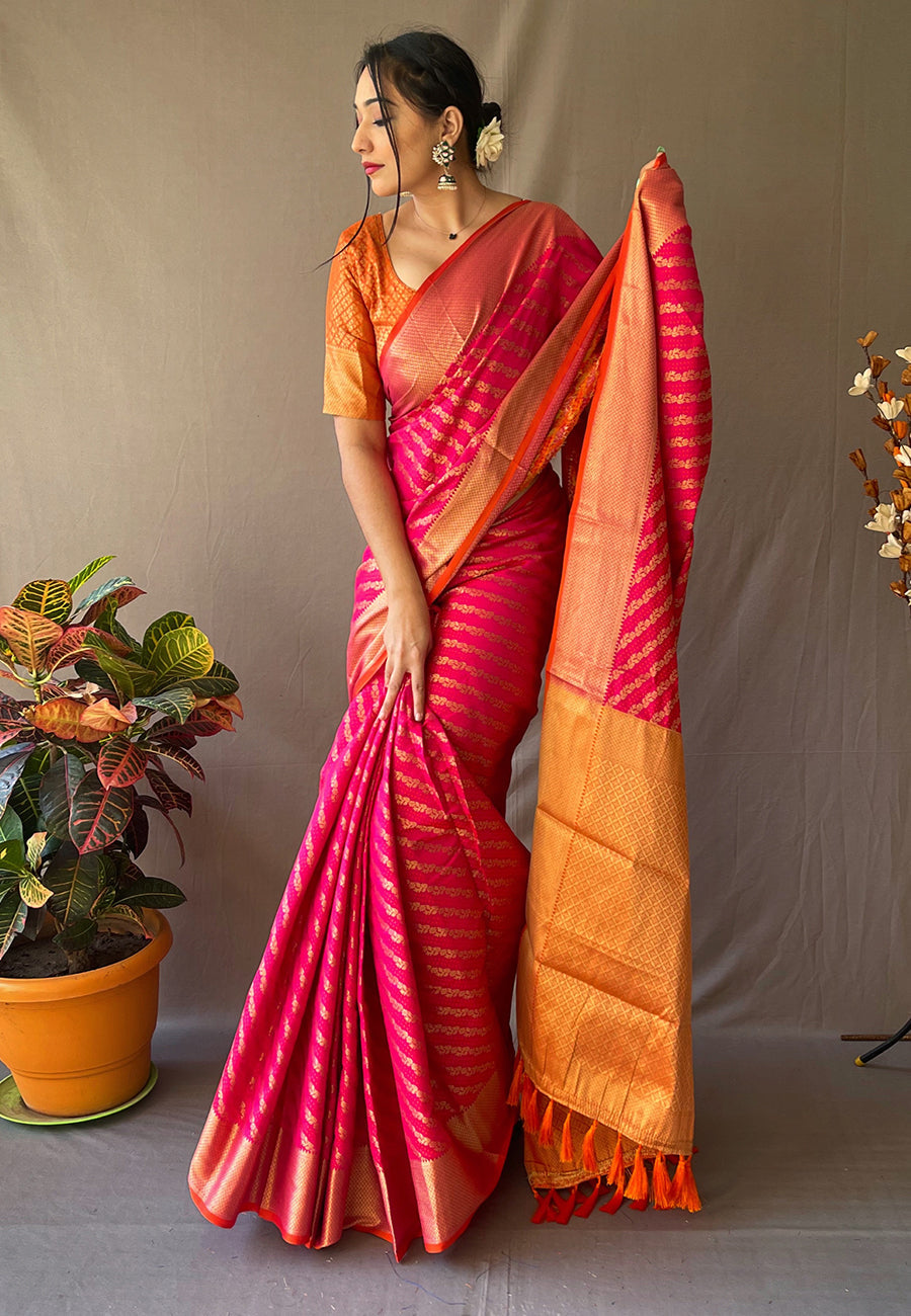 Pink Patola Leheriya Zari Woven Saree