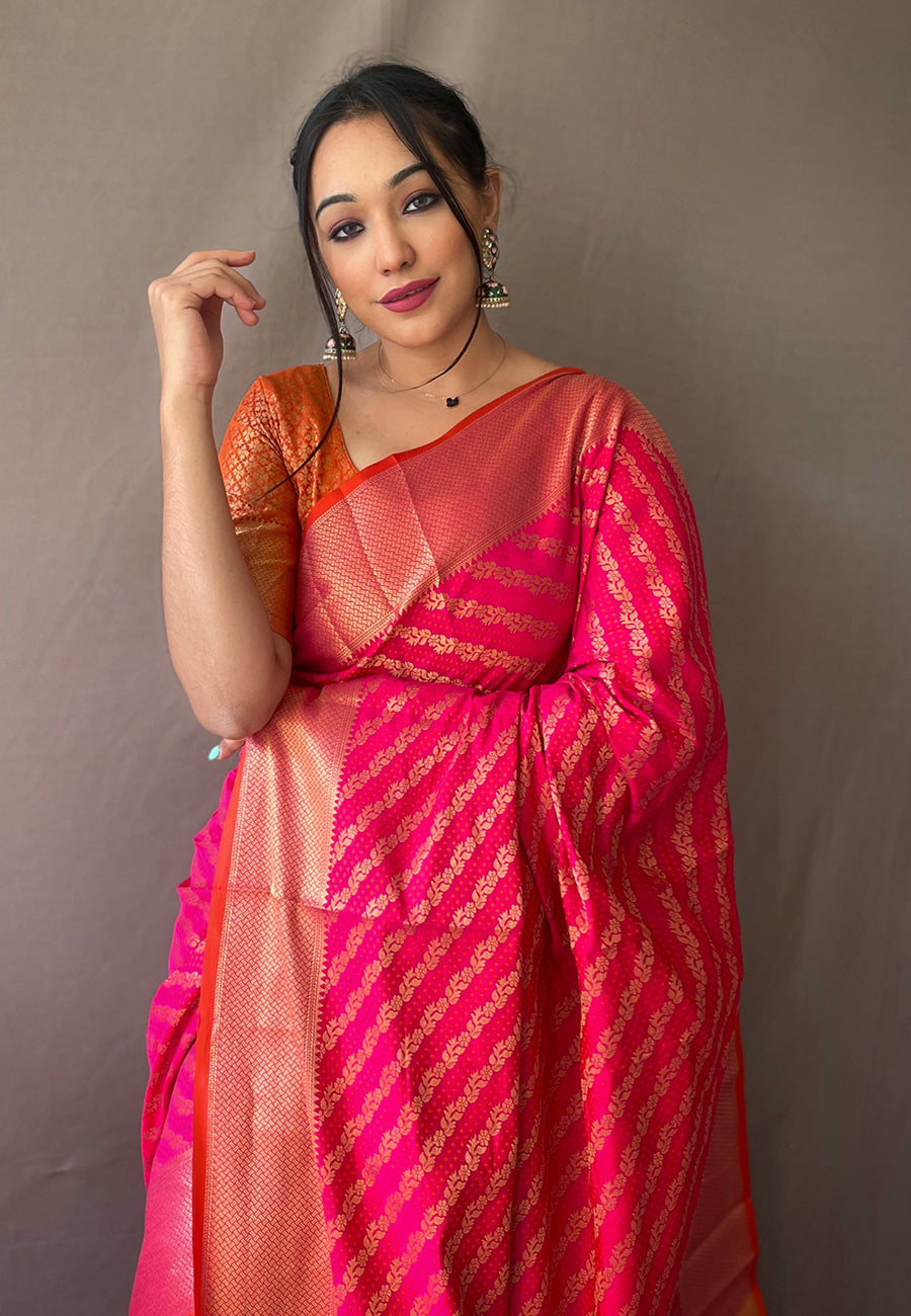 Pink Patola Leheriya Zari Woven Saree