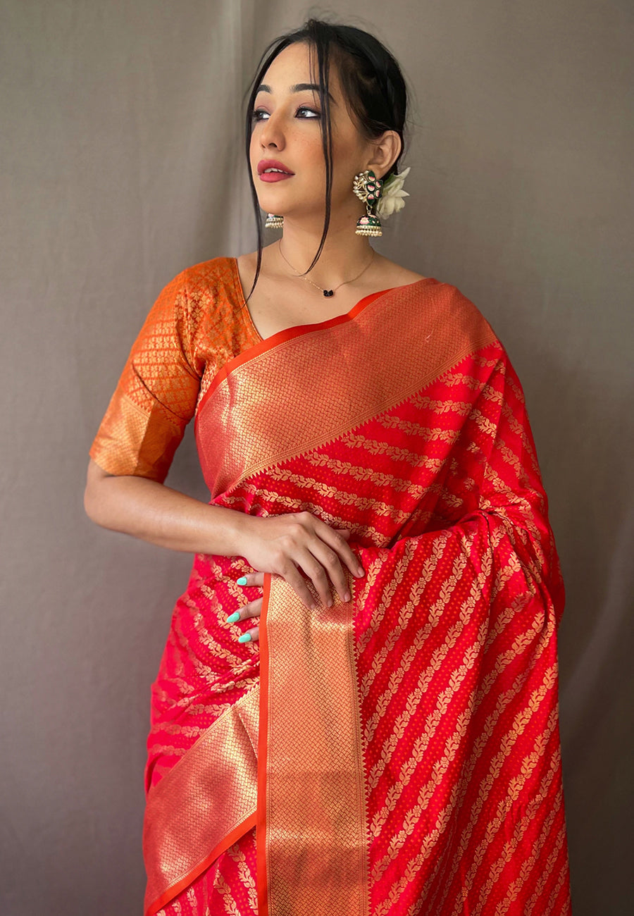 Venetian Red Patola Leheriya Zari Woven Saree