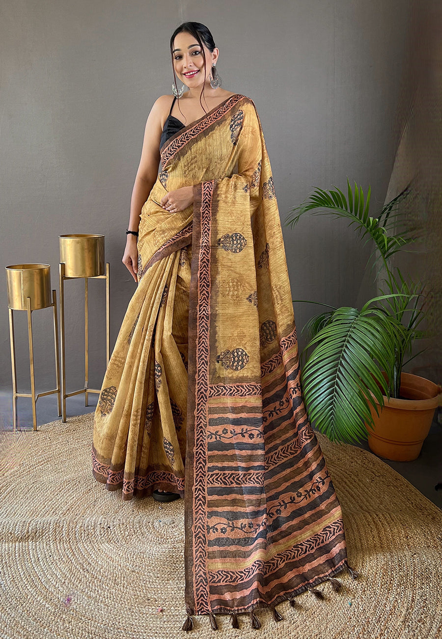 Kaveri Yellow Cotton Kalamkari Printed Saree