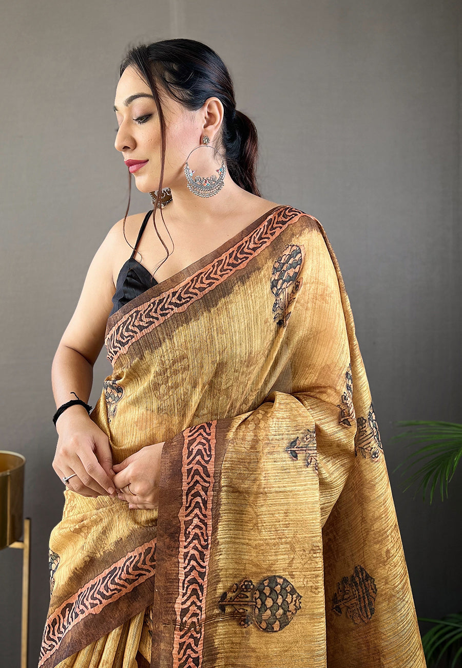 Kaveri Yellow Cotton Kalamkari Printed Saree