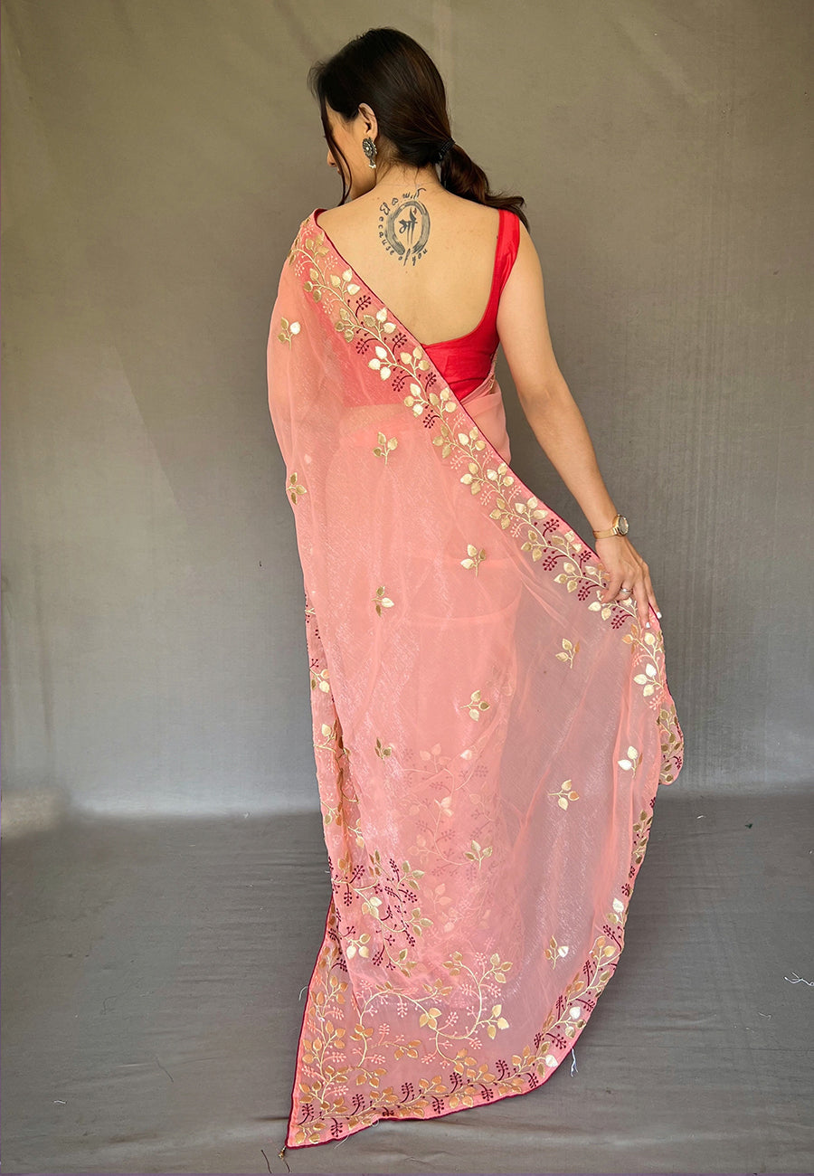 Coral Pink Arya Organza Shimmer Gota Patti Embroidered Saree