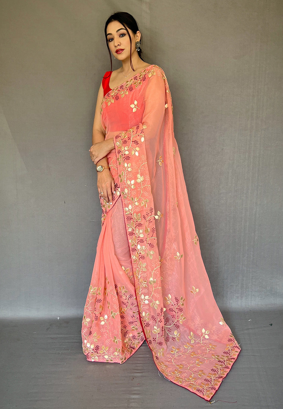 Coral Pink Arya Organza Shimmer Gota Patti Embroidered Saree