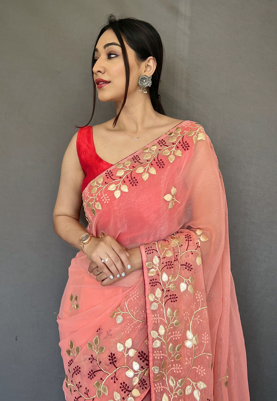 Coral Pink Arya Organza Shimmer Gota Patti Embroidered Saree