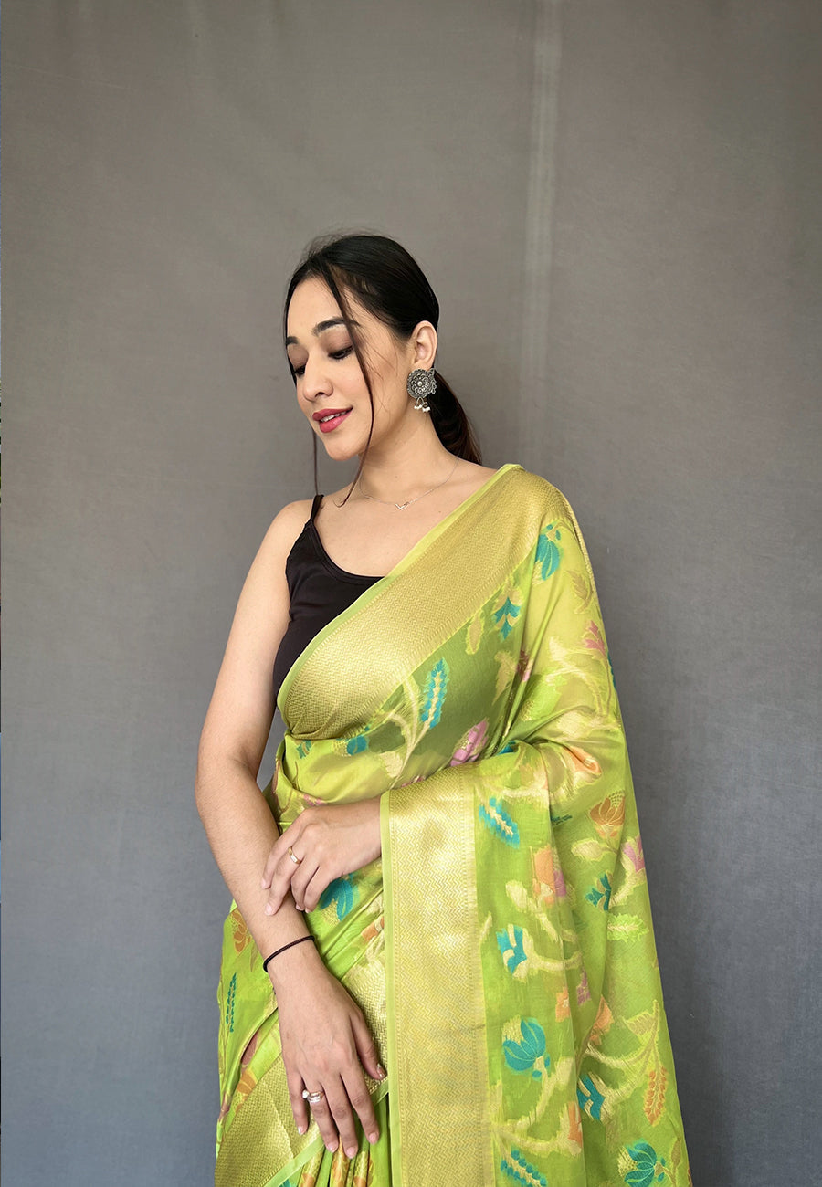 Green Barfi Organza Silk Woven Saree