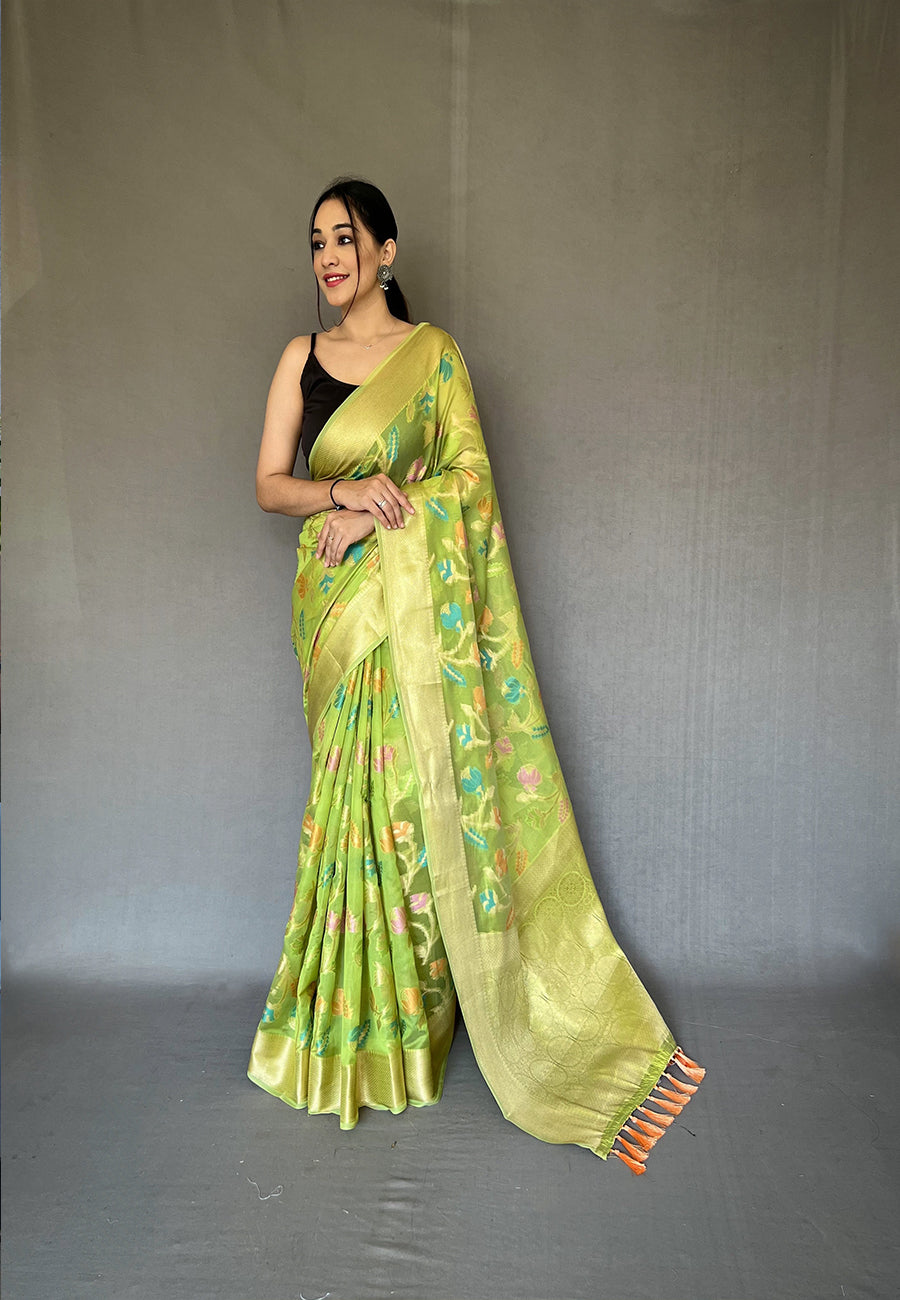 Green Barfi Organza Silk Woven Saree