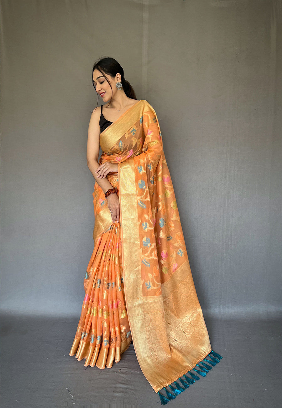 Peach Barfi Organza Silk Woven Saree