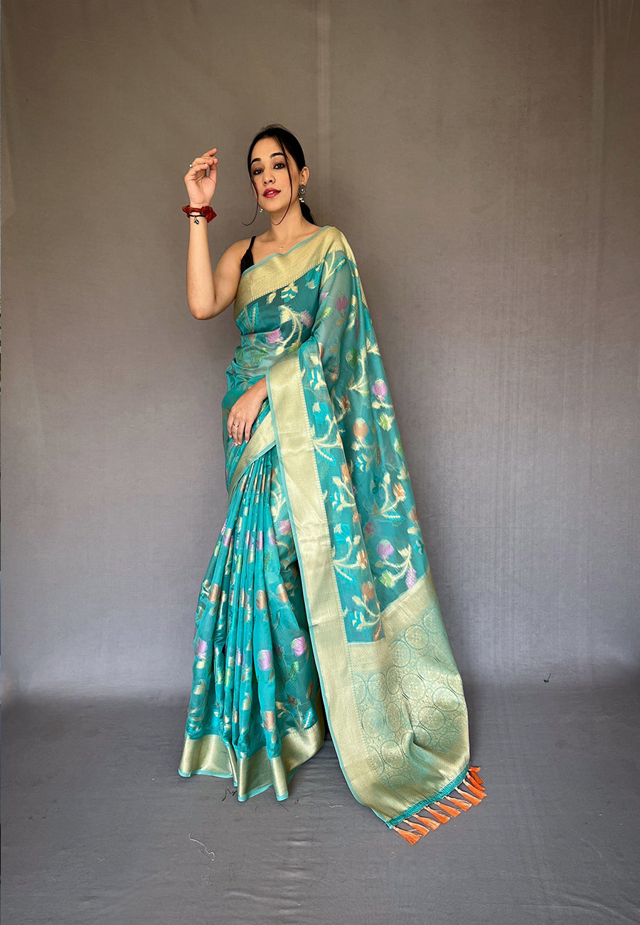 Teal Blue Barfi Organza Silk Woven Saree