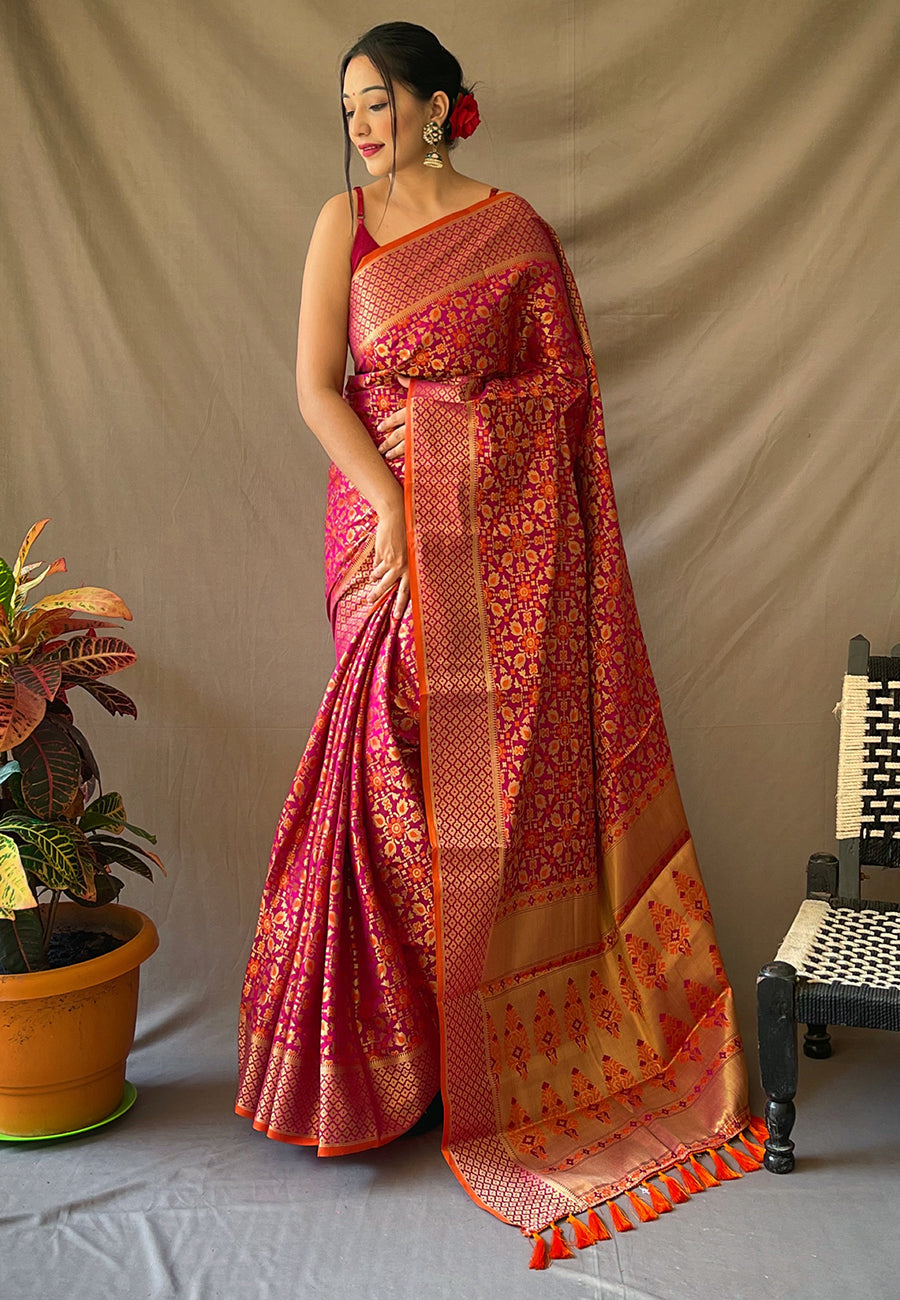 Wine Rajkoti Patola Silk Zari Woven Saree