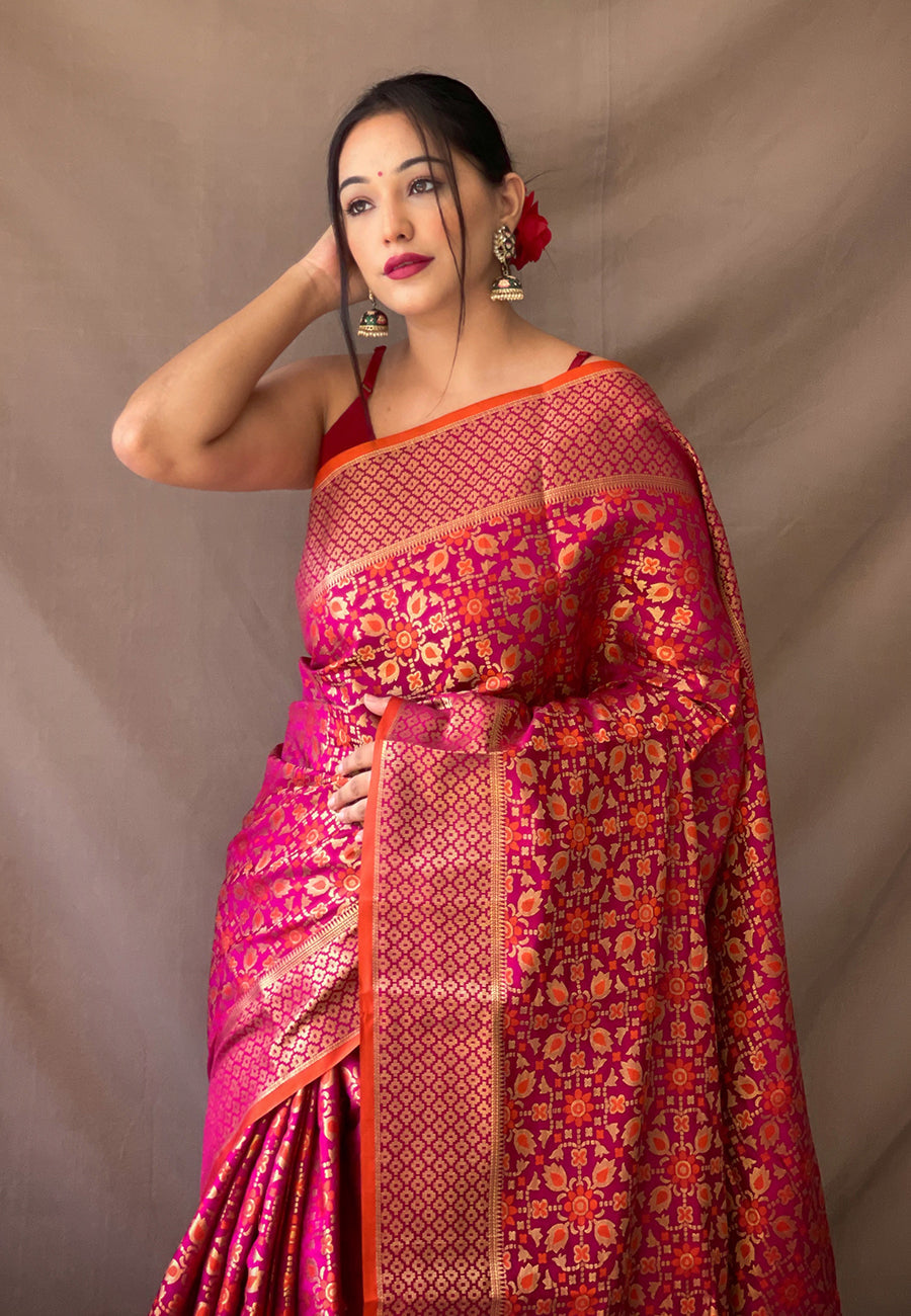 Wine Rajkoti Patola Silk Zari Woven Saree