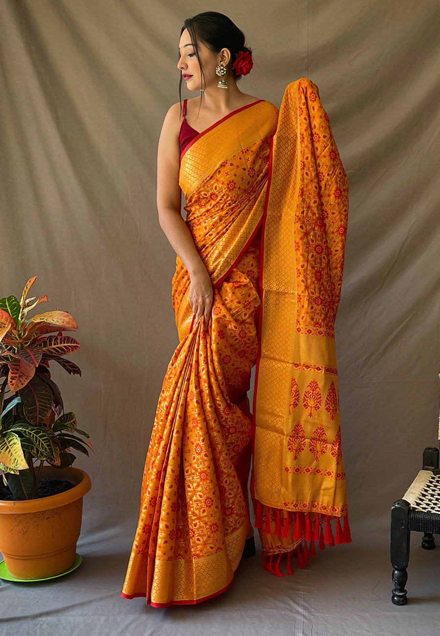 Mustard Yellow Rajkoti Patola Silk Zari Woven Saree