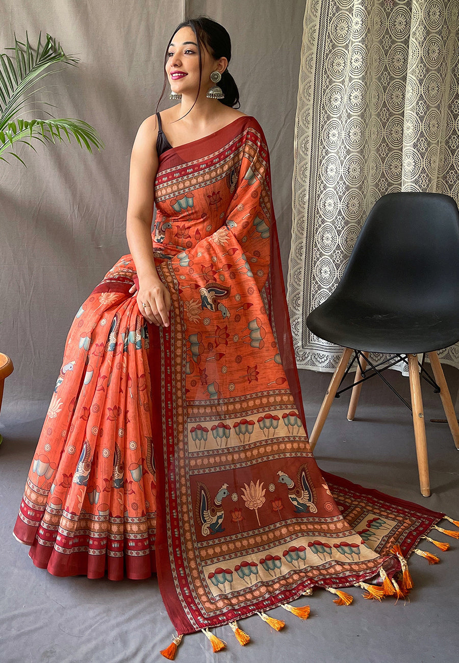 Kadambari Cotton Kalamkari Printed Saree Orange