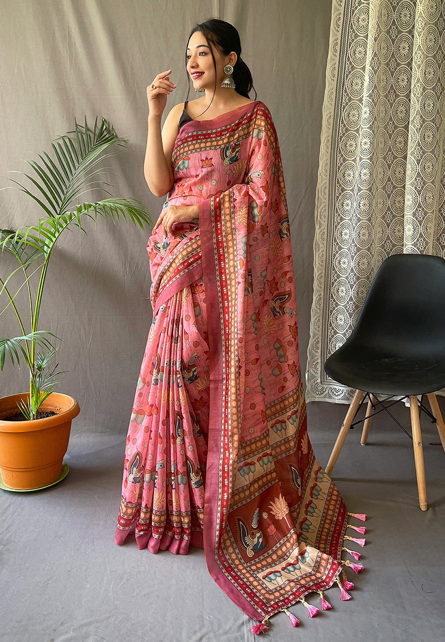 Kadambari Cotton Kalamkari Printed Saree Pink