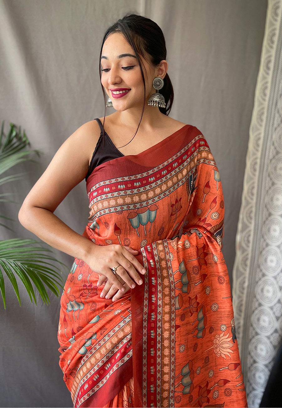 Kadambari Cotton Kalamkari Printed Saree Orange