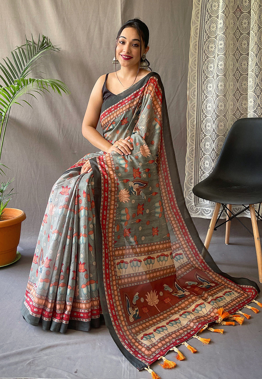 Kadambari Cotton Kalamkari Printed Saree Greenish Grey