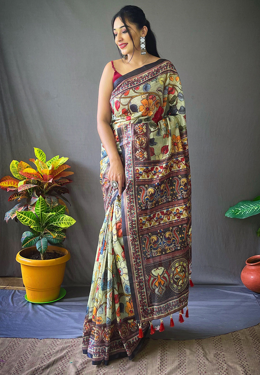 Cotton Kalamkari Printed Saree Olive Green