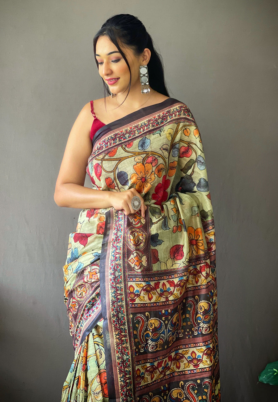 Cotton Kalamkari Printed Saree Olive Green