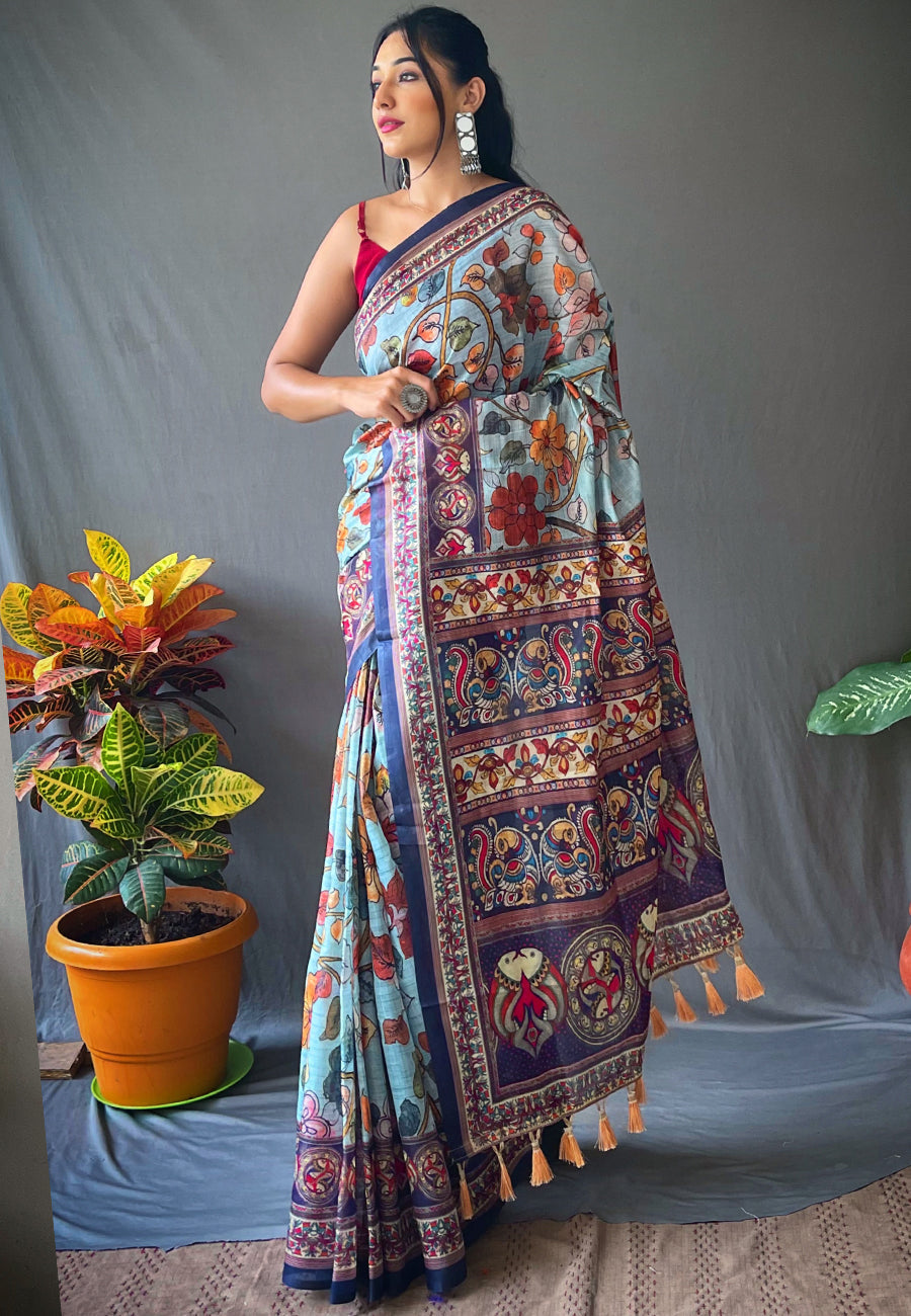 1 Minute Ready to Wear Sky Blue Cotton Kalamkari Printed Saree