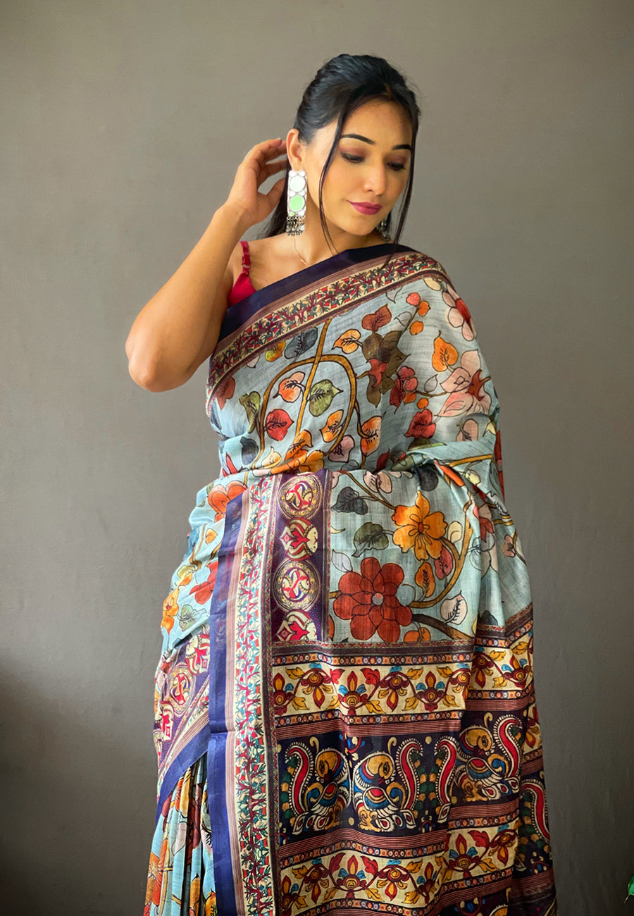 1 Minute Ready to Wear Sky Blue Cotton Kalamkari Printed Saree