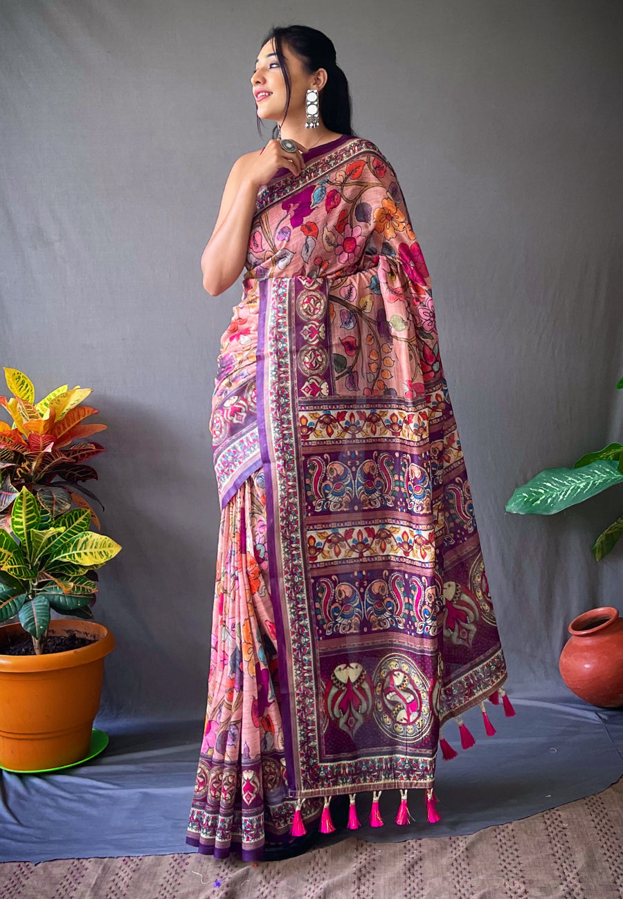 Peachy Pink Cotton Kalamkari Printed Saree