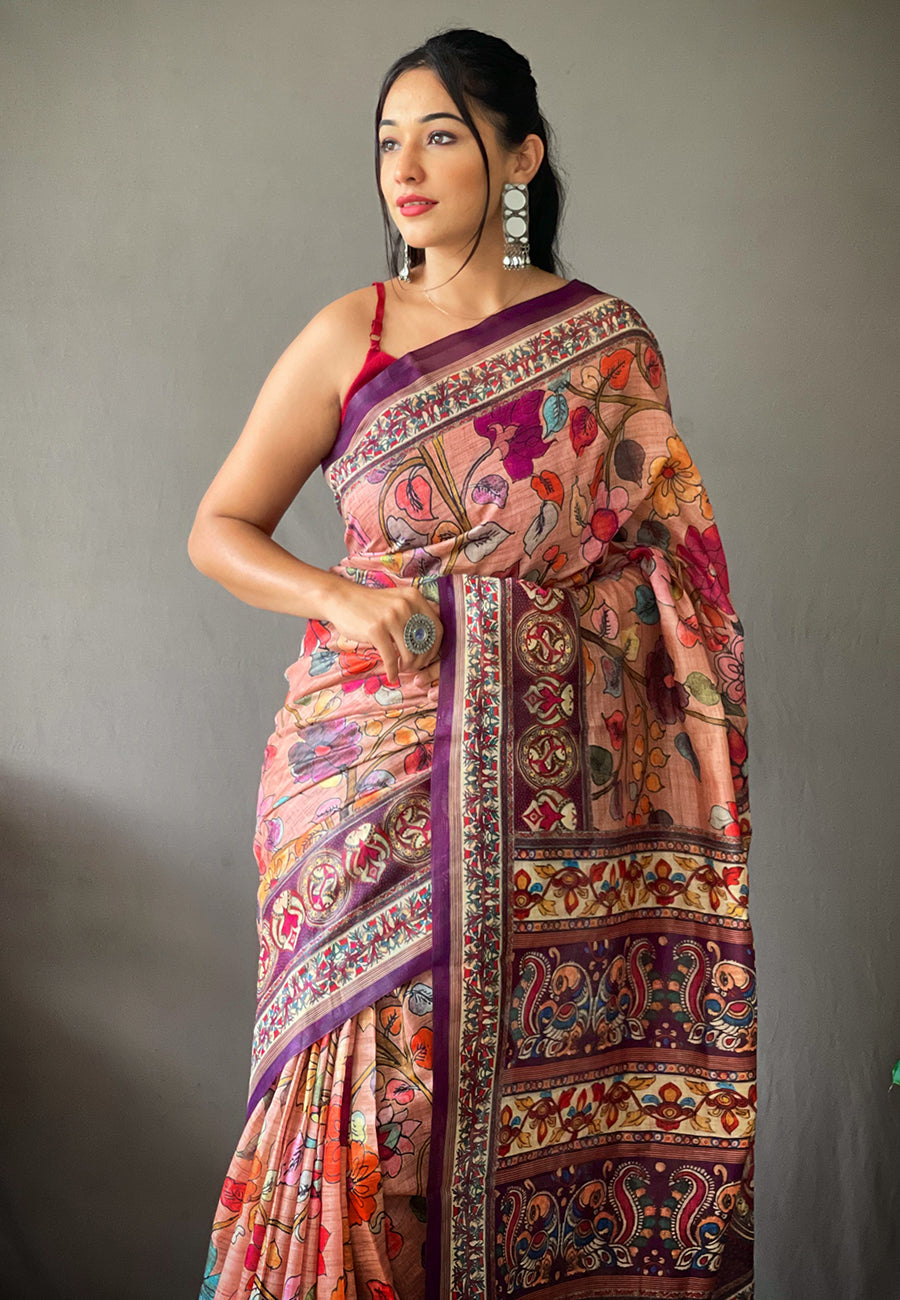 Peachy Pink Cotton Kalamkari Printed Saree