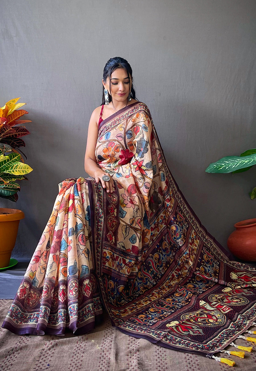 1 MIN Ready To Wear Cotton Kalamkari Printed Saree Chickoo