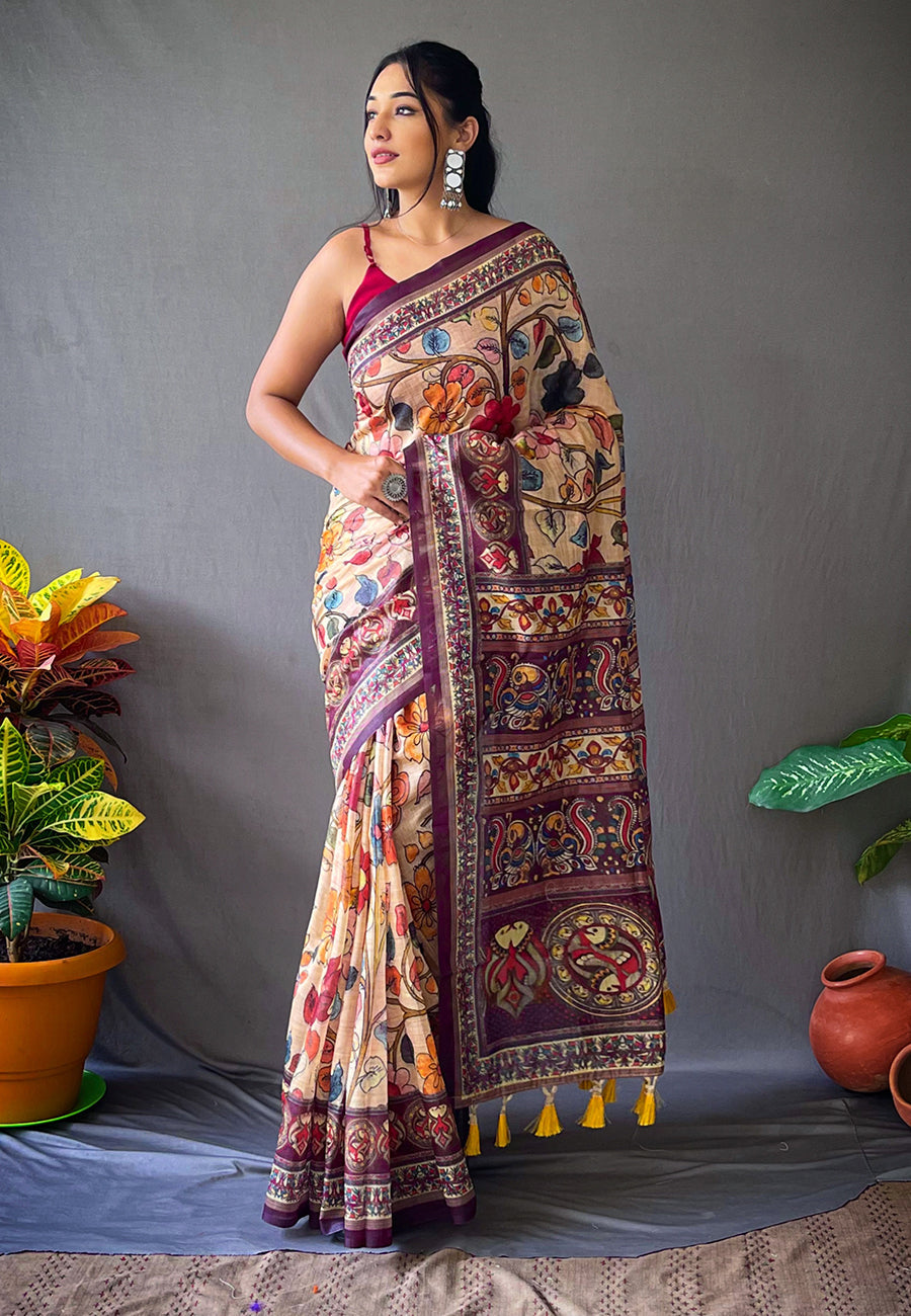 1 MIN Ready To Wear Cotton Kalamkari Printed Saree Chickoo