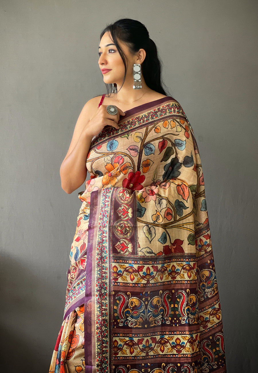 1 MIN Ready To Wear Cotton Kalamkari Printed Saree Chickoo