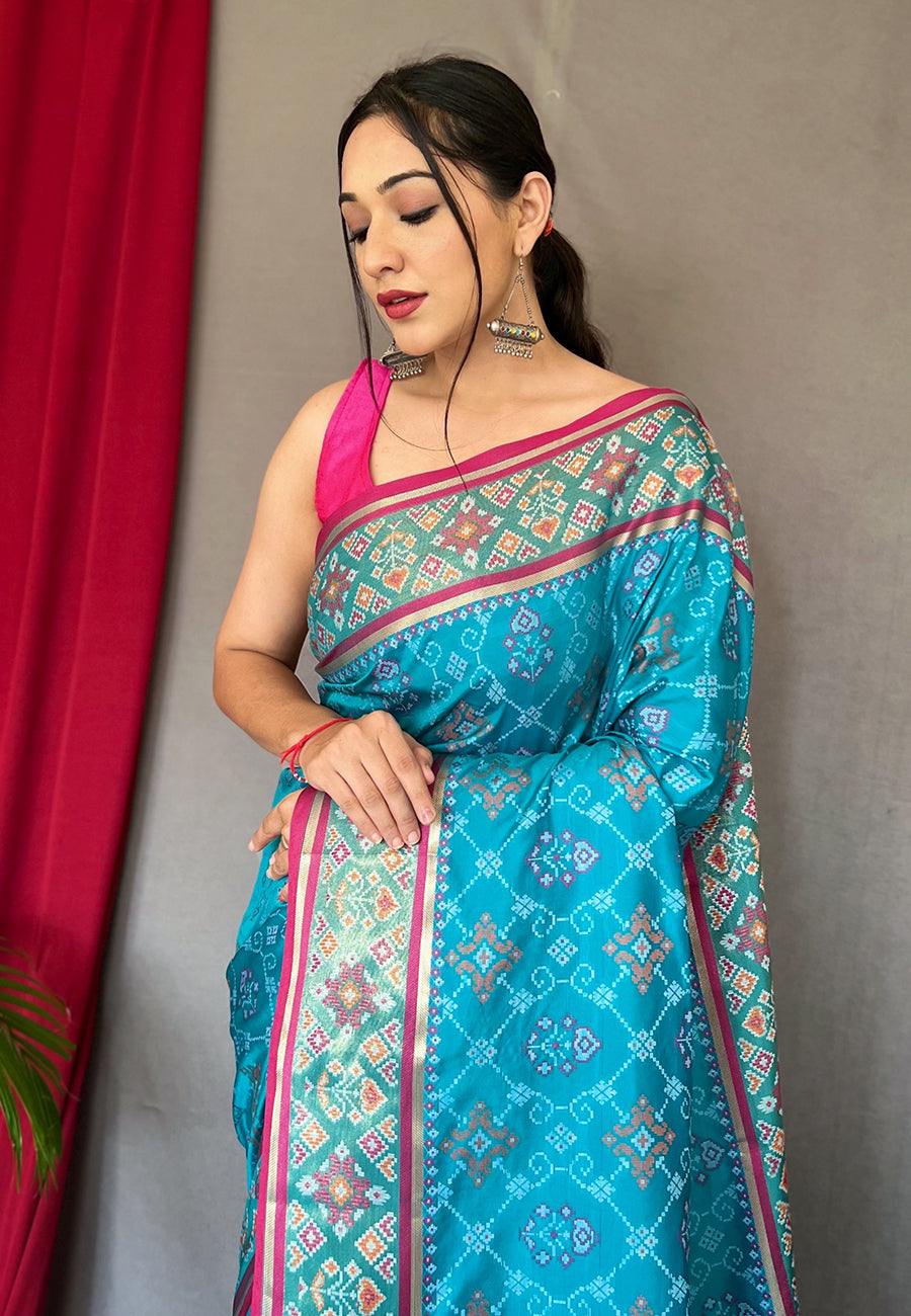 Rangeen Patola Contrast Woven Silk Saree Deep Aqua