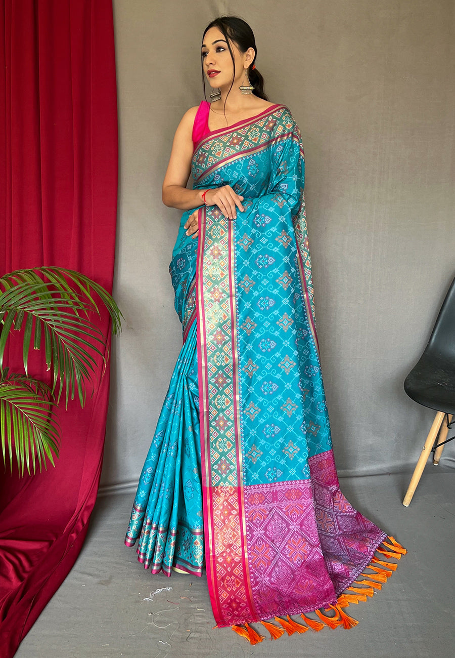 Rangeen Patola Contrast Woven Silk Saree Deep Aqua