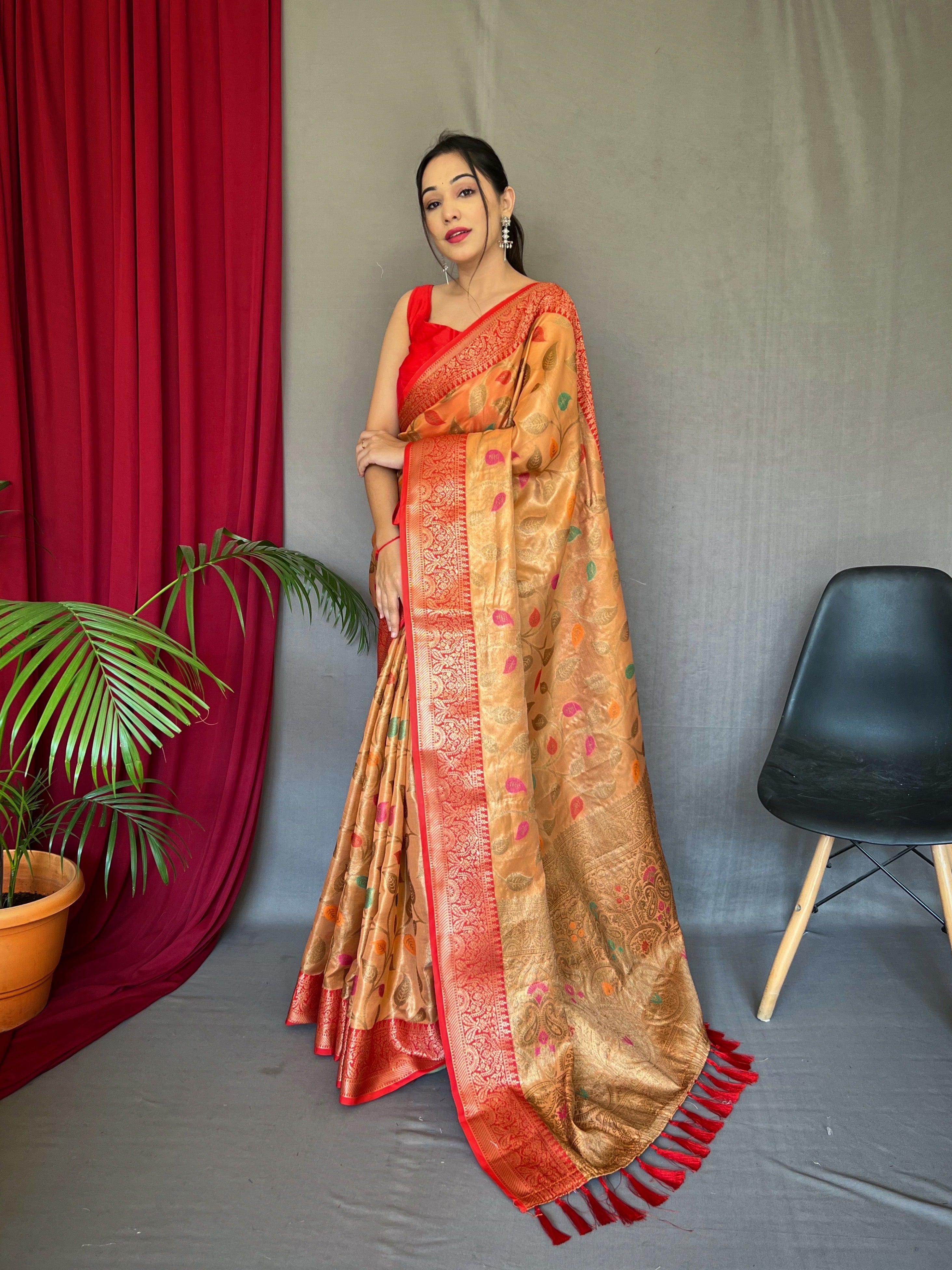 Kanjeevaram Tissue Silk Sitara Jaal Meenakari Woven Saree Dusty Orange