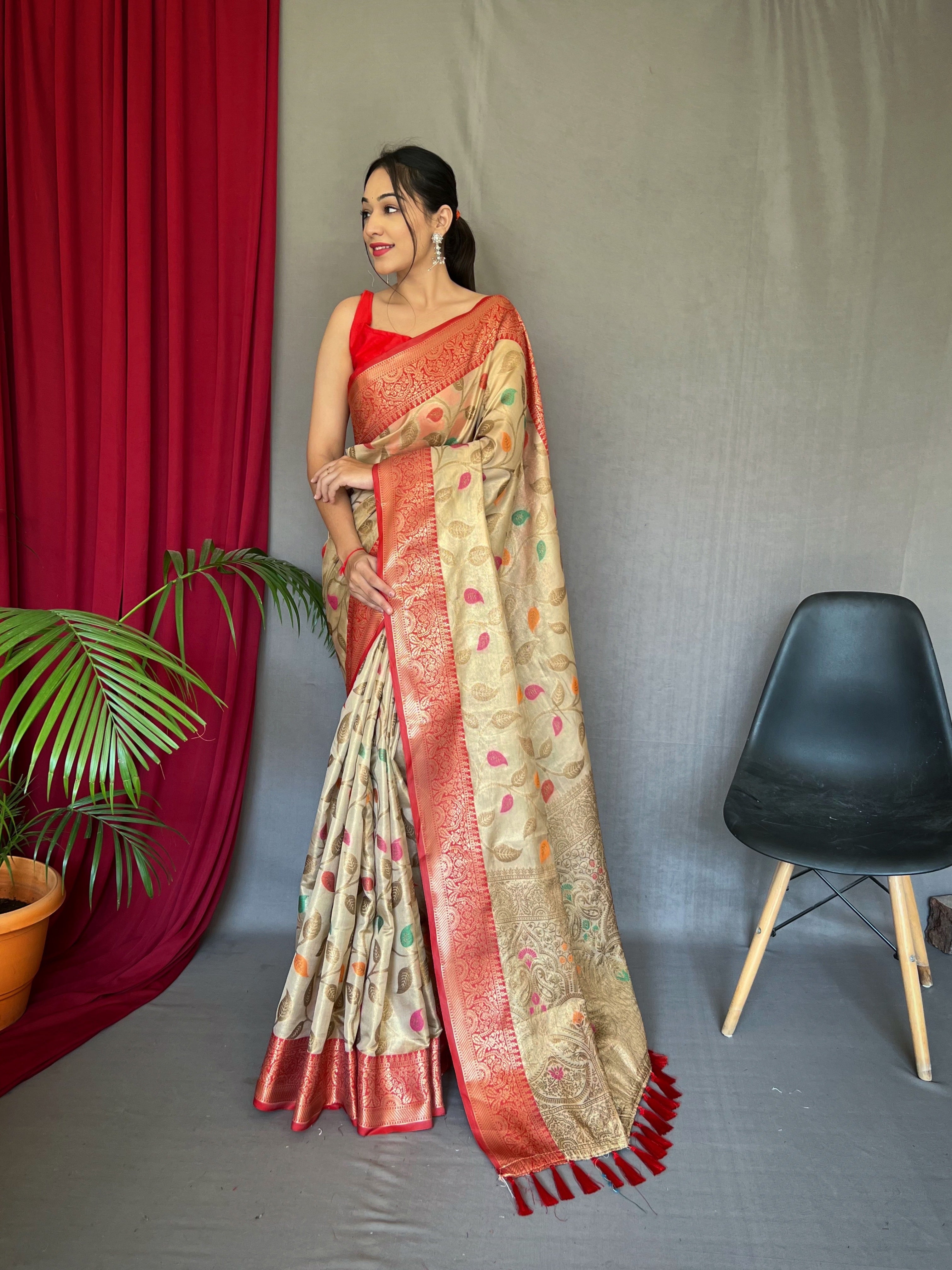 Kanjeevaram Tissue Silk Sitara Jaal Meenakari Woven Saree Cream