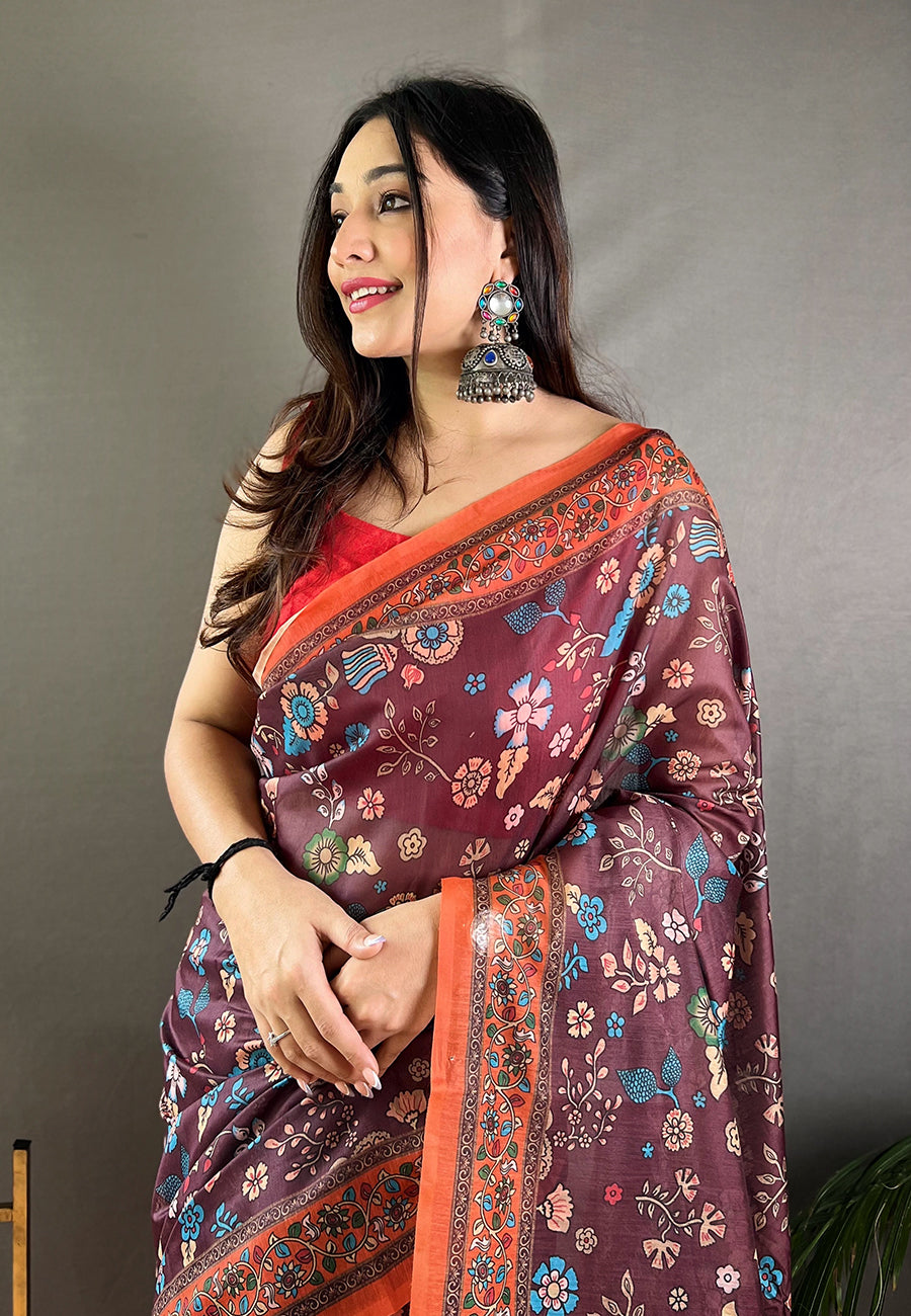 Magenta Wine Raksha Cotton Kalamkari Printed Saree