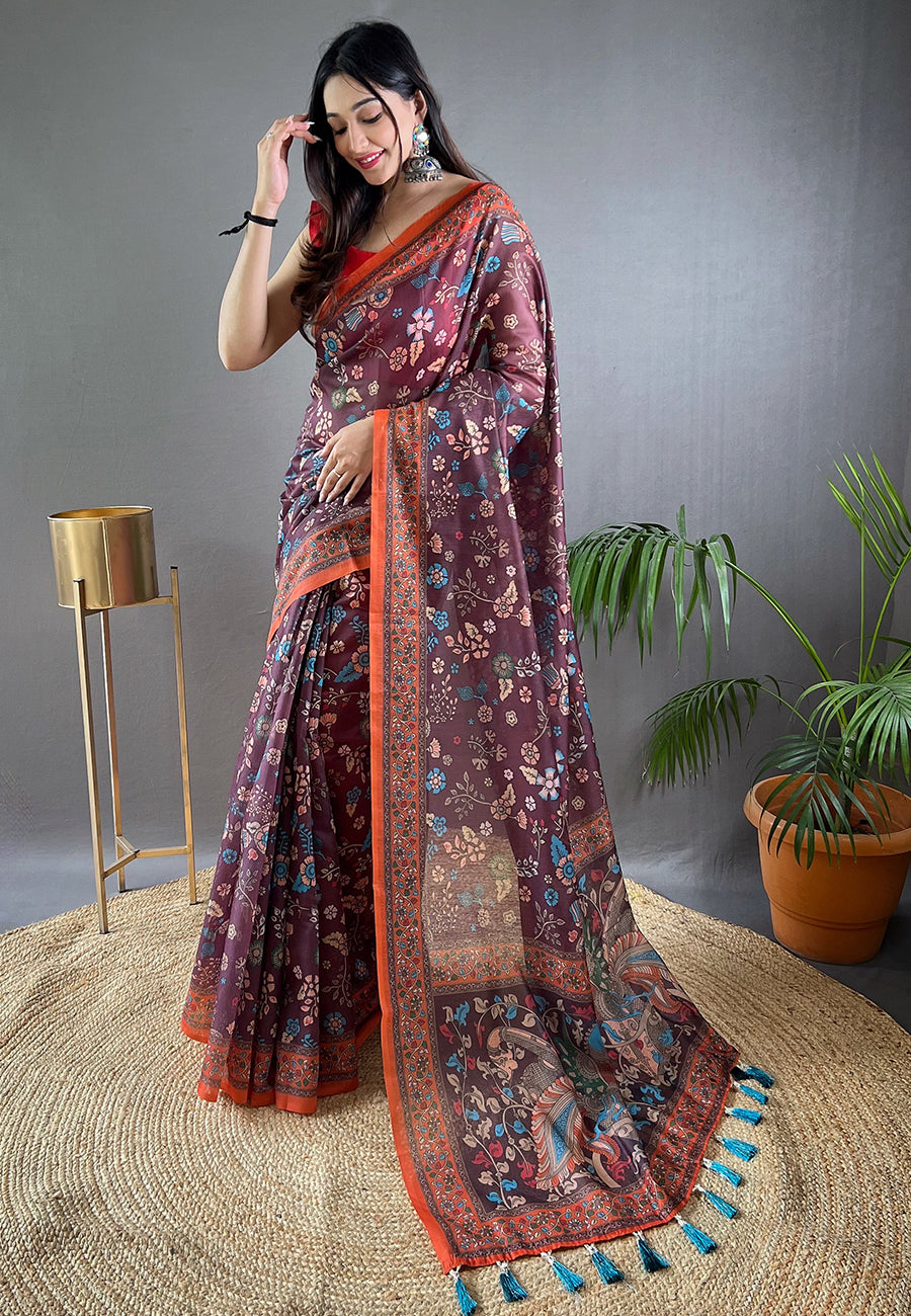 Magenta Wine Raksha Cotton Kalamkari Printed Saree