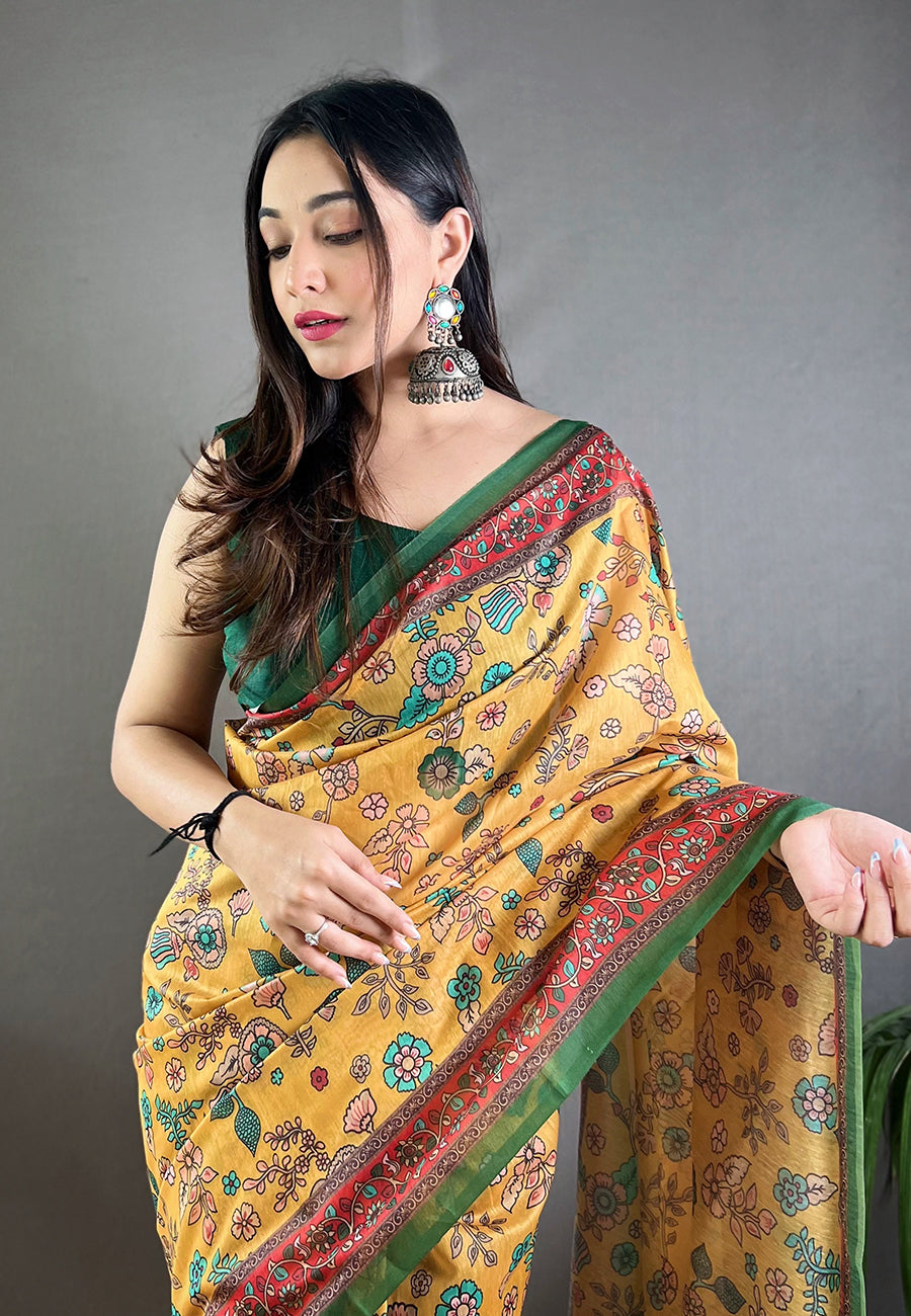 Yellow Raksha Cotton Kalamkari Printed Saree