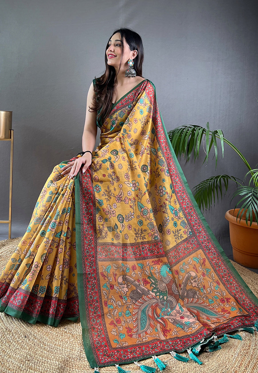 Yellow Raksha Cotton Kalamkari Printed Saree