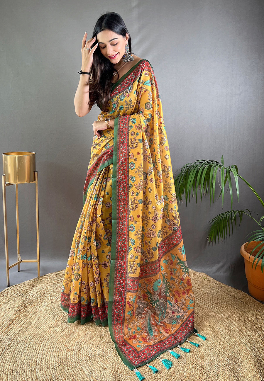 Yellow Raksha Cotton Kalamkari Printed Saree