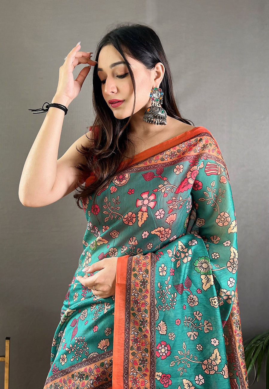 Teal Raksha Cotton Kalamkari Printed Saree