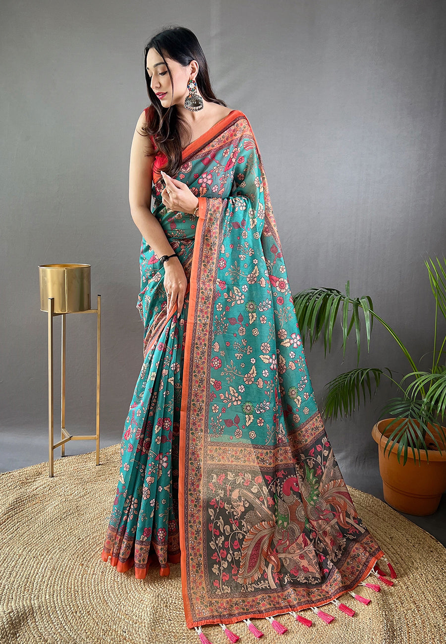 Teal Raksha Cotton Kalamkari Printed Saree